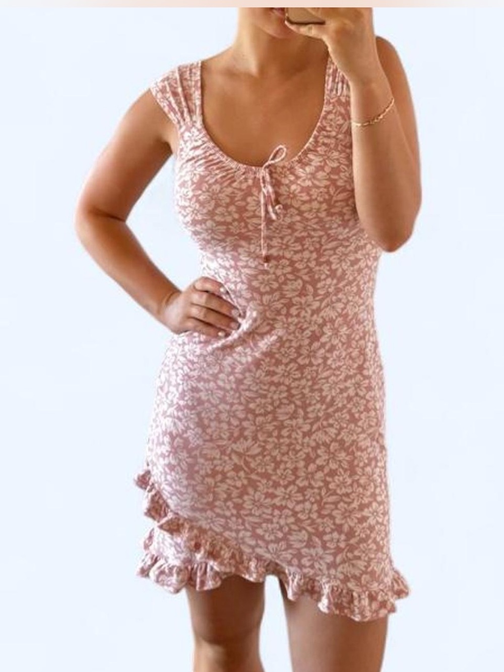Baby Pink Floral Tie-Front Ruffle Dress
